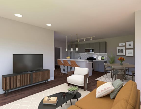a rendering of a living room and kitchen in a model home