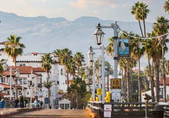 A street scene with palm trees and a sign that reads "10 MPH".