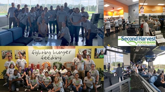 a collage of photos of people at a food bank and a group of people