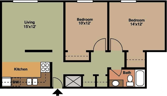 Floor Plan  2 Bedroom, 1 Bath floorplan 850sqft at Park Place Apartments, Coralville, IA