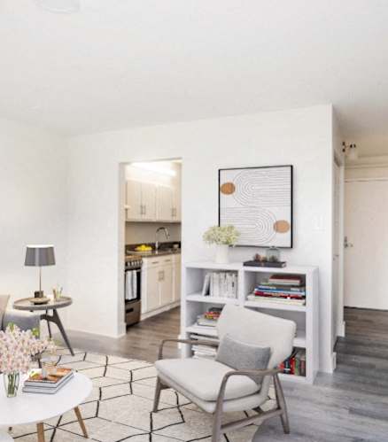 a living room with a couch and a table