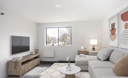 a living room with a gray couch and a television