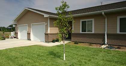 A small tree in front of a house.