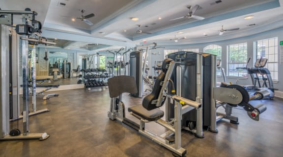 a large fitness room with cardio equipment and windows