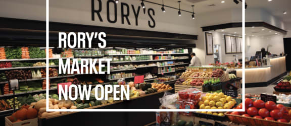 a picture of the rory's market with the text rorys market now open at Nightingale, Rhode Island