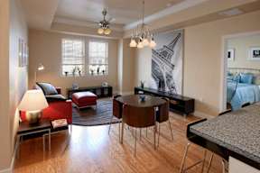 A living room with two windows, a ceiling fan, and hardwood-style flooring near a bedroom and open access to a kitchen.