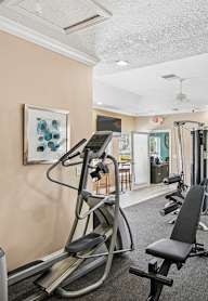 A gym with treadmills, elliptical machines, and a television.