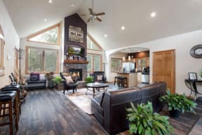 a living room with a couch and a fire place