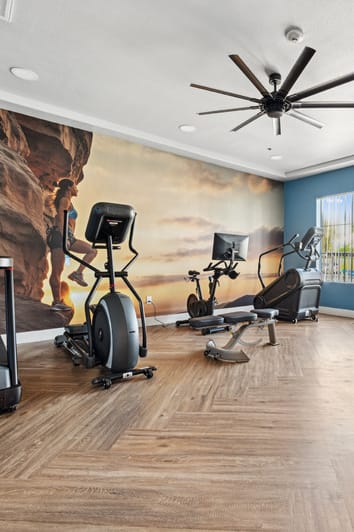 a home gym with a wall mural and exercise equipment