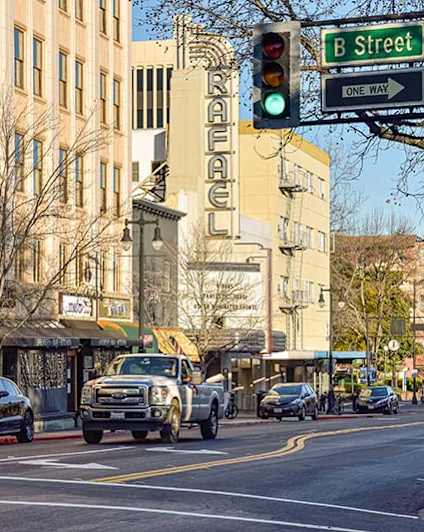 Downtown building and street light at 215 Bayview Apartments, San Rafael, California