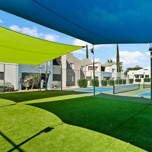 A large green lawn with a blue tarp over it.