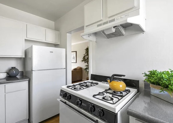 a kitchen with a stove and a white refrigerator