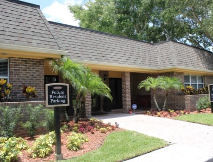 Leasing office entrance. Live at Doral Oaks Apartments. Located in Temple Terrace Tampa, Florida. Just minutes from Busch Gardens, USF, shopping, and entertainment.