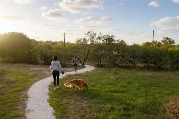 A woman walking her dog on a path in a park.