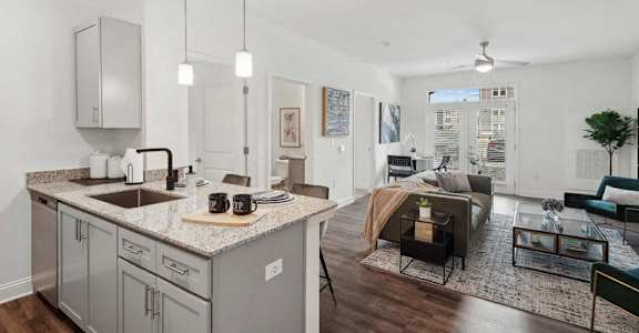 an open living room with a kitchen and a living room