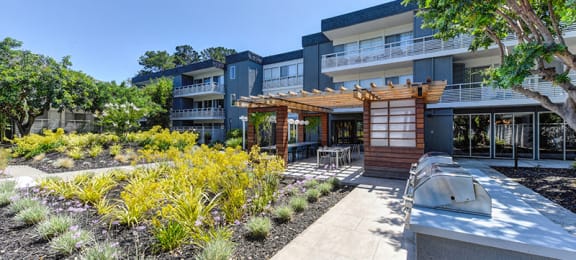 Apartments in Sunnyvale, CA - Citra - Exterior View of Building, BBQ Area, and Mature Landscaping
