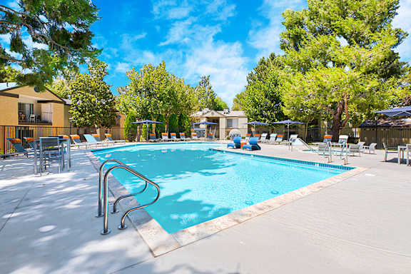 A large outdoor swimming pool surrounded by trees and lounge chairs.