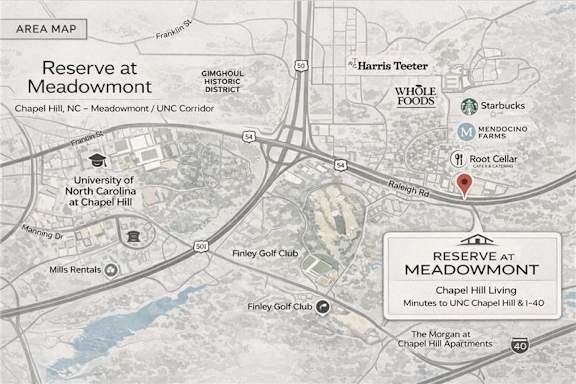 A map shows the area around Reserve at Meadowmont, including nearby landmarks such as the University of North Carolina at Chapel Hill and the Morgan at Chapel Hill Apartments.