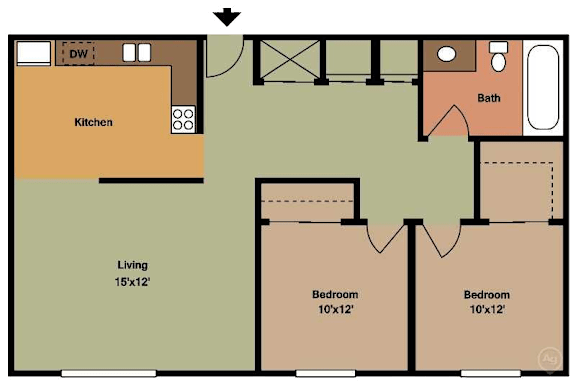 Floor Plan  2 Bedroom, 1 Bath floorplan 800sqft at Park Place Apartments, Coralville, IA 52241