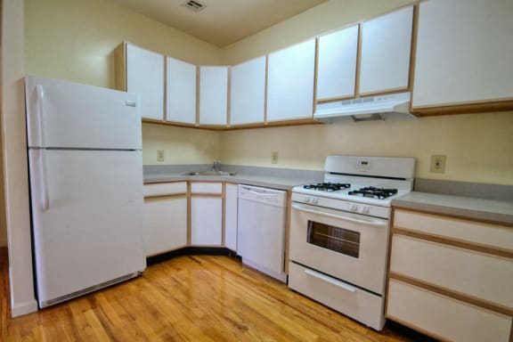 kitchen with hardwood floors and white/wooden cabinets