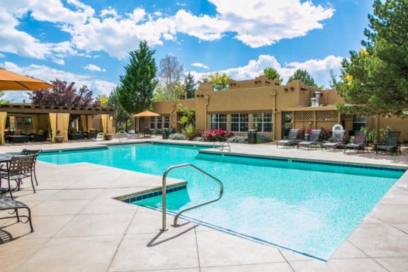 Apts for Rent in Santa Fe Nm with Sparkling Salt Swimming Pool with Sundeck and Lounge Seating