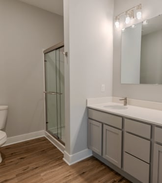 a bathroom with two sinks and a shower and a toilet