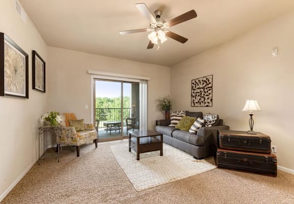 A living room with a couch, chair, and a rug.