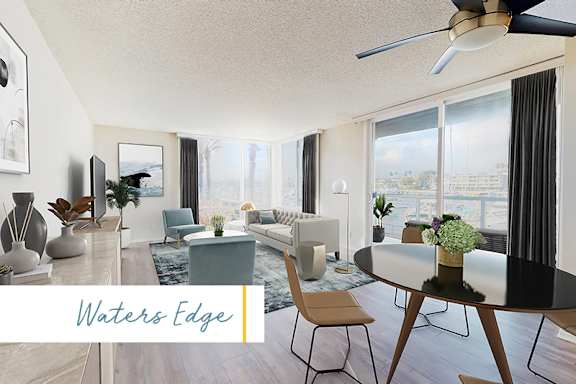 A modern living room with a dining table and chairs. at Marina Harbor, Marina del Rey, CA