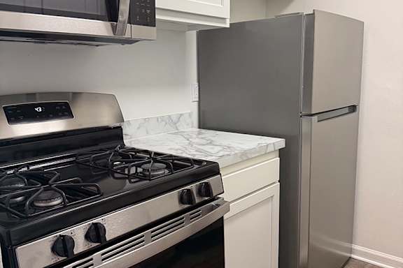 A kitchen with a stove and a refrigerator.