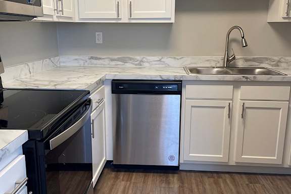 A kitchen with a black stove top oven and a stainless steel dishwasher.
