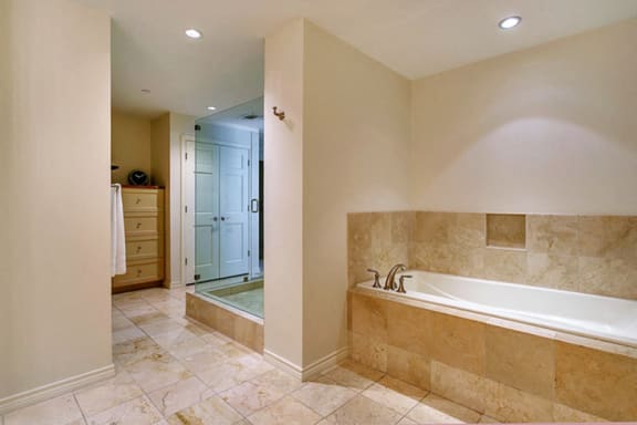 Large Bathroom with Garden Style Tub and Walk In Shower