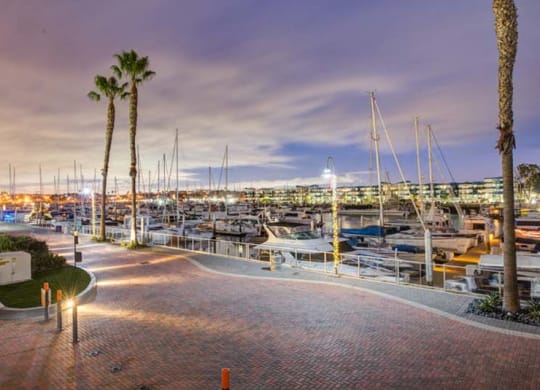 Waterfront pedestrian promenade  at Esprit Apartments, Marina del Rey, CA