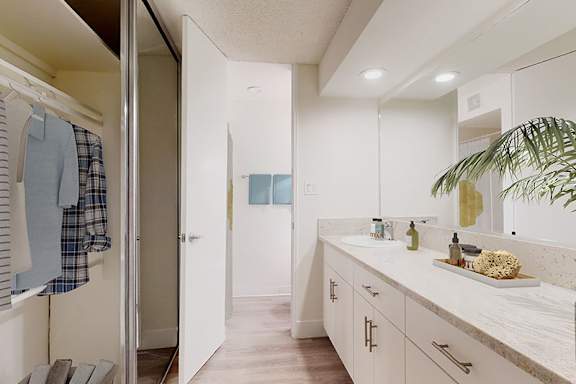 A bathroom with a white sink and a mirror.