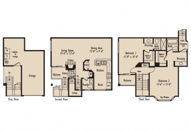 D6 - 2 Bedroom 2.5 Bath Floor Plan Layout - 1200 Square Feet
