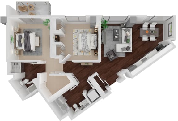 Guerrerro 3D FloorPlan Image Guerrerro 2 Bed 2 Bath 1,001 Sq.Ft. Floor Plan at Venn Apartments, San Francisco