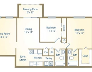 A floor plan of a 2 bedroom apartment with a living room, dining room, kitchen, pantry, and two bathrooms.