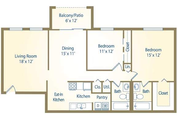 A floor plan of a 2 bedroom apartment with a living room, dining room, kitchen, pantry, and two bathrooms.