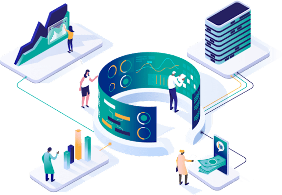 A graphic illustration of data analysis and storage with people interacting with various devices.