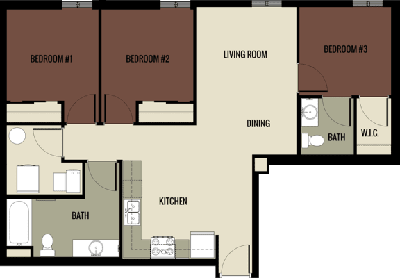 3x2 860-1,322 square foot floor plan at Historic Walnut Square Apartments in Terre Haute, IN