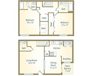 A floor plan of a two bedroom apartment with a living room, kitchen, dining room, and bathrooms.