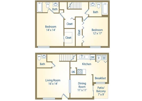 Floor Plan  A floor plan of a two bedroom apartment with a living room, kitchen, dining room, and bathrooms.