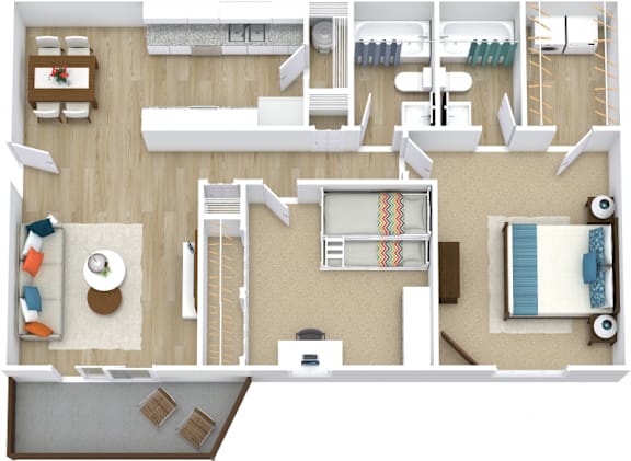 A top-down view of a house interior with a kitchen, living room, and bedrooms.