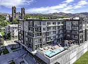 Thumbnail 1 of 7 - A large apartment complex with a pool and a view of a church and mountains in the background.