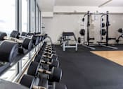 Thumbnail 4 of 9 - A gym with a row of dumbbells on the left and a bench press on the right.