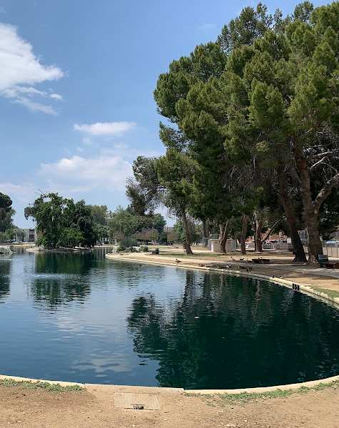 A serene lake surrounded by trees under a clear blue sky.