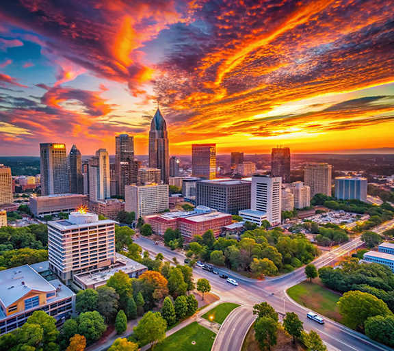 A city skyline at sunset with a vibrant orange sky.
