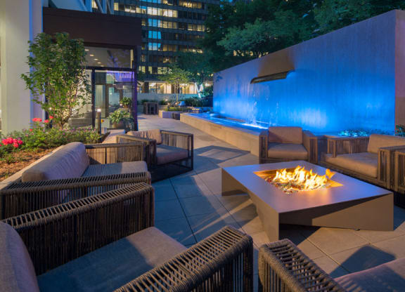 fire pits and relaxing waterfall at Columbus Plaza, Illinois