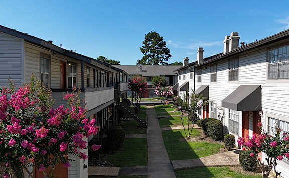 A row of houses with a tree in the background.