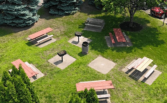 Outdoor picnic and BBQ area at Windsor Gates Apartments