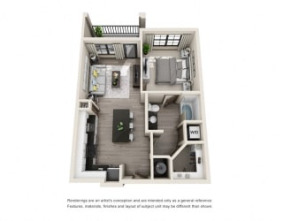 The Palm 3D. 1 bedroom apartment. Kitchen with island open to living room. 1 full bathroom. Walk-in closet. Patio/balcony.